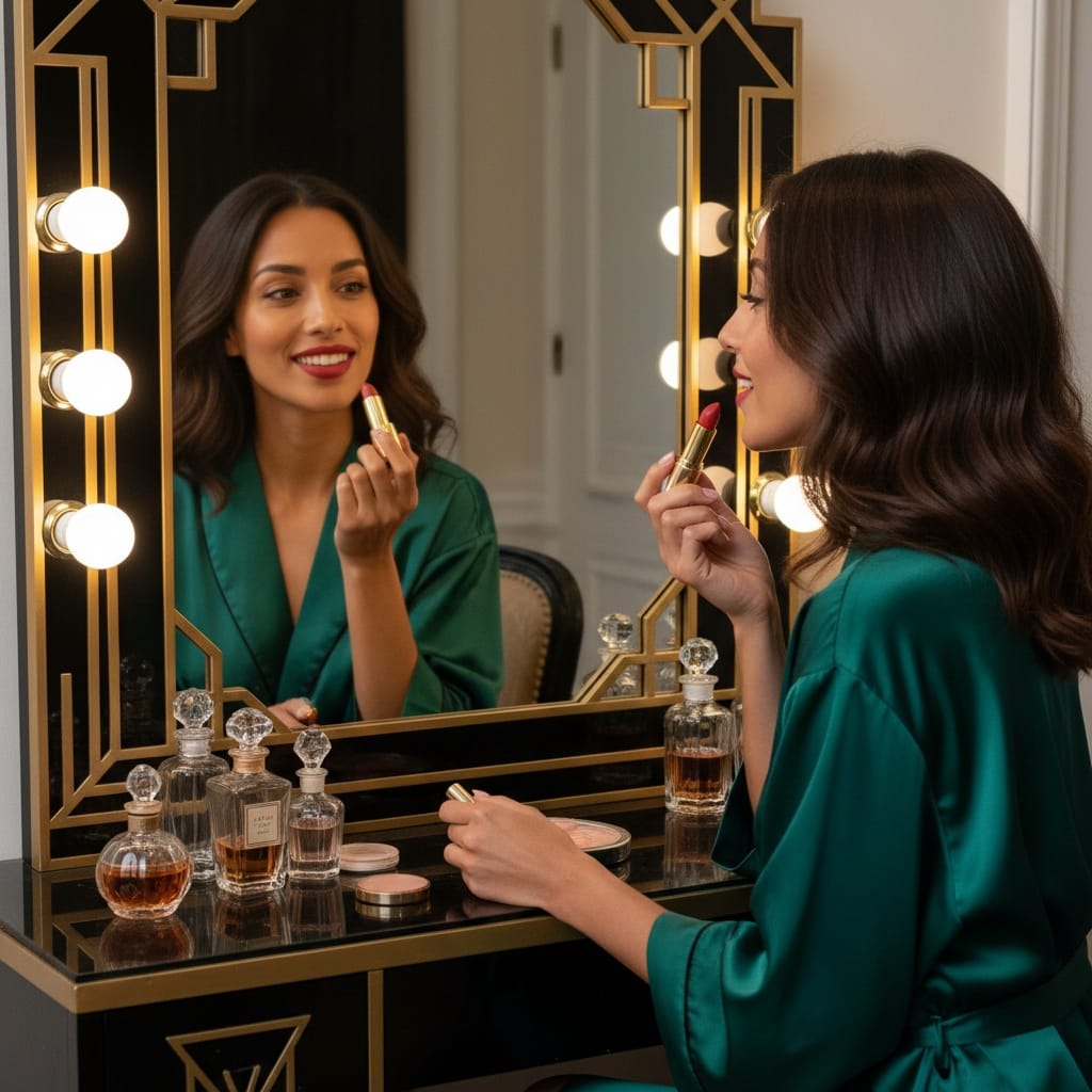 slim latino woman art deco mirror vanity 79415177