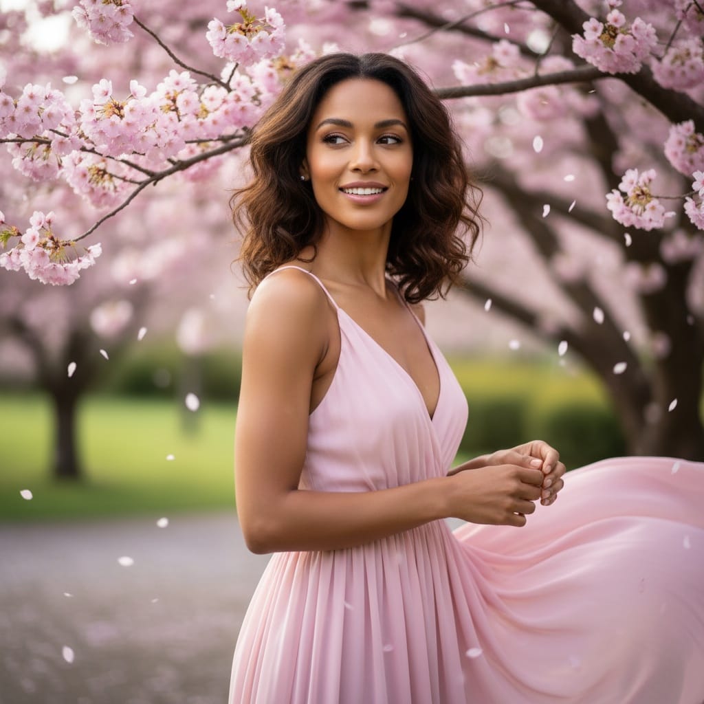 slim latino woman cherry blossom tree portrait 81969337