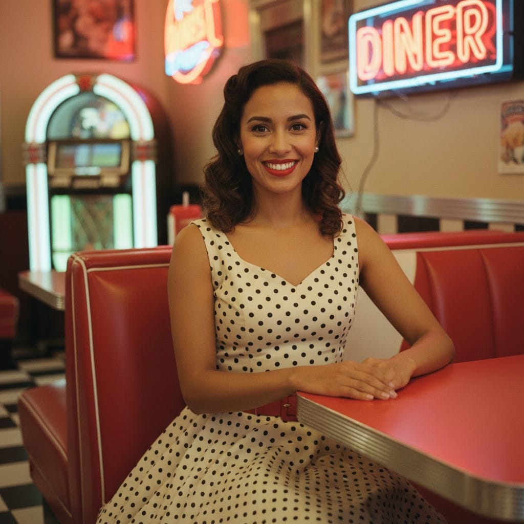 slim latino woman classic diner booth 20187410