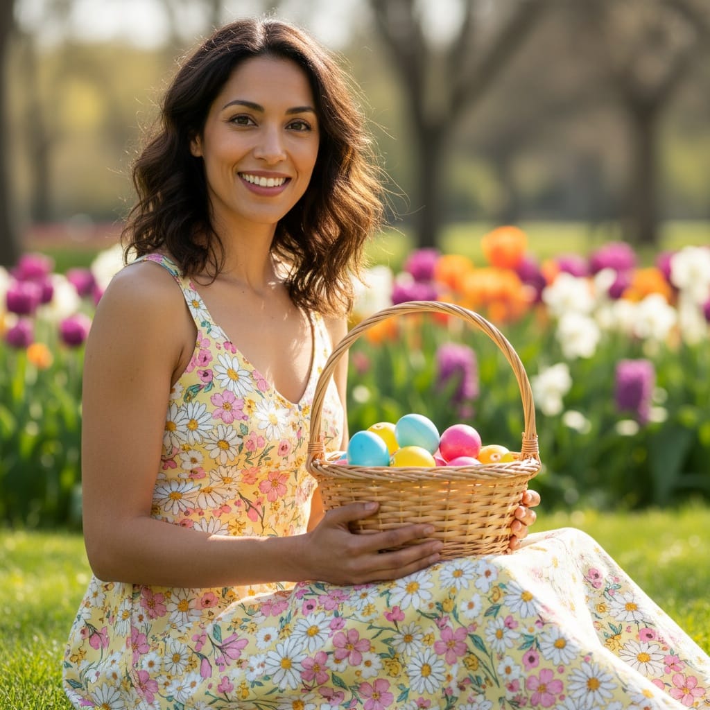 slim latino woman easter basket outdoor scene 92297648
