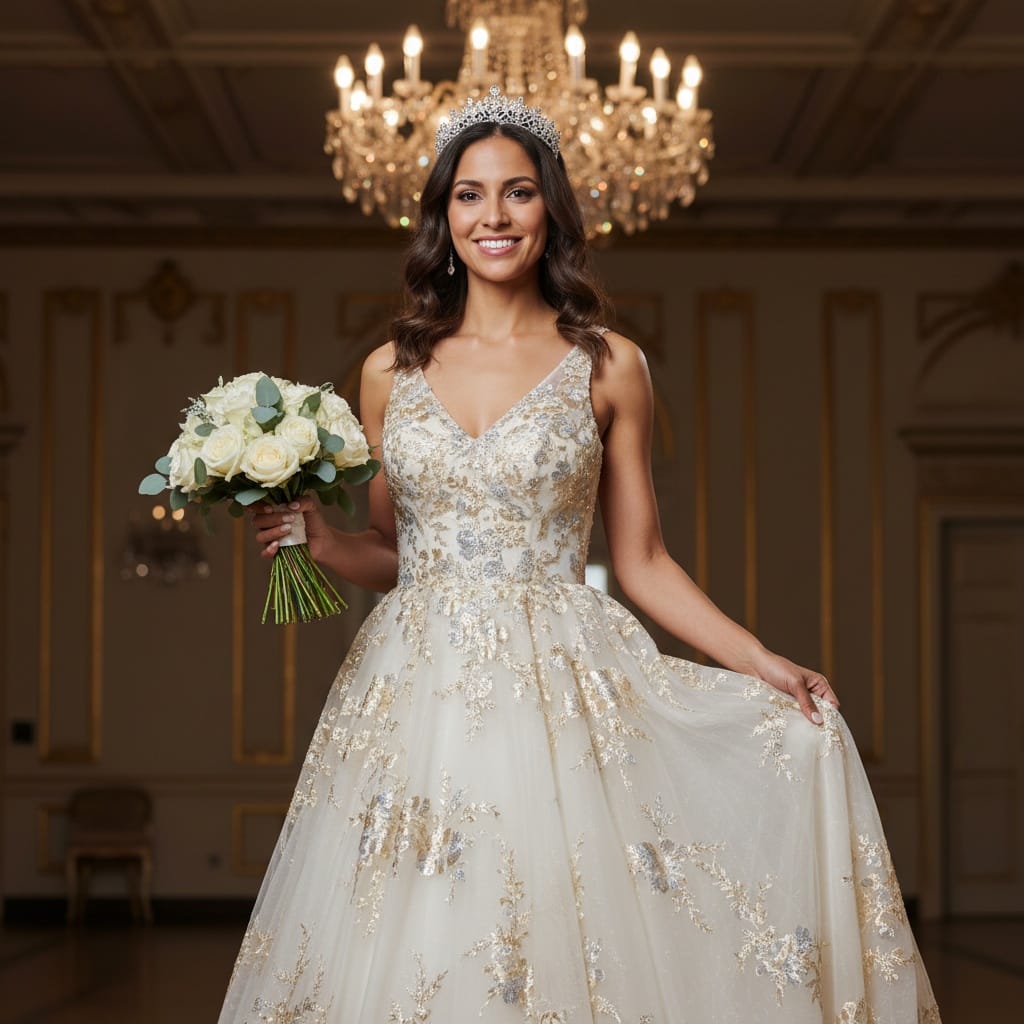 slim latino woman elegant full length gown portrait 95629061
