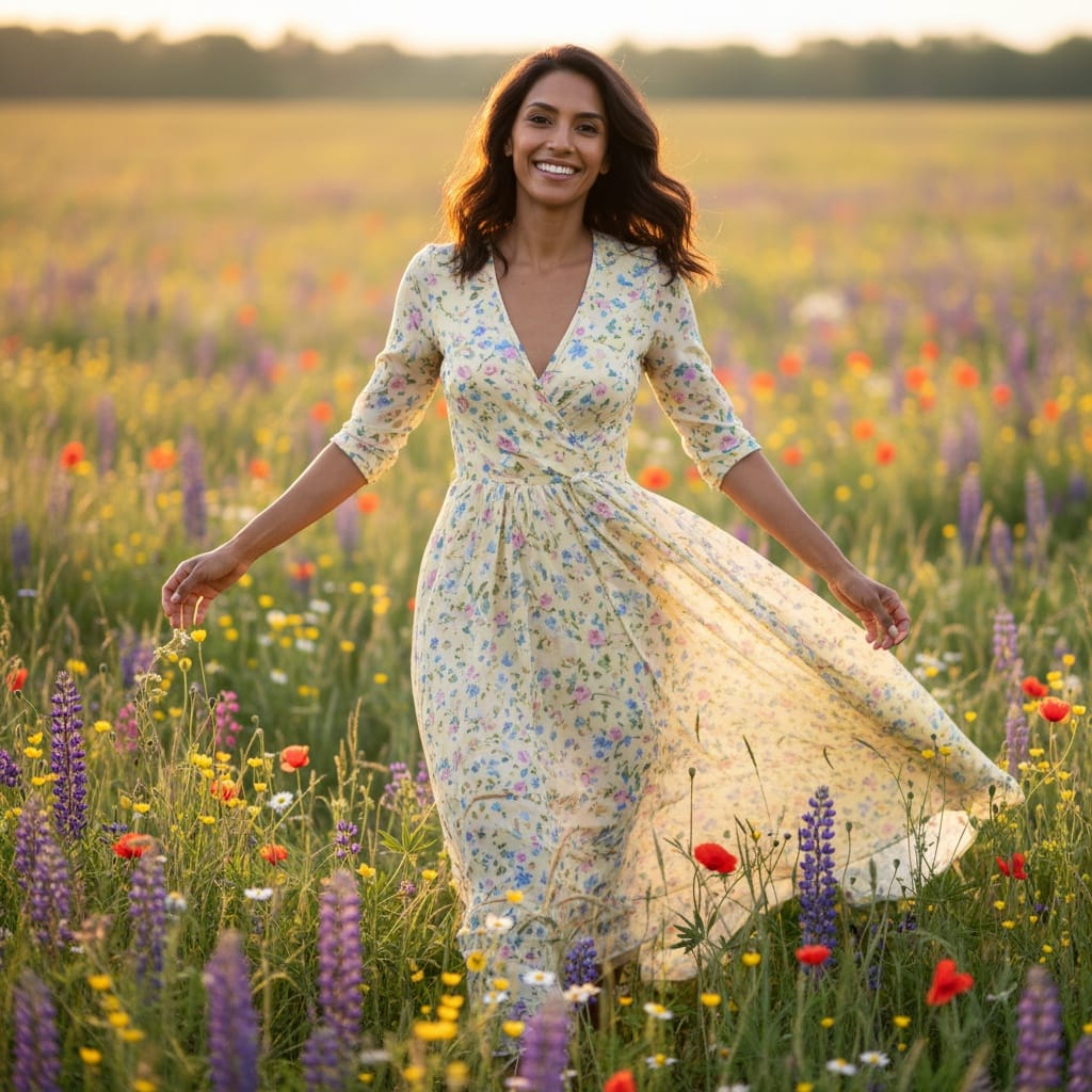 slim latino woman meadow full body spring 61775456
