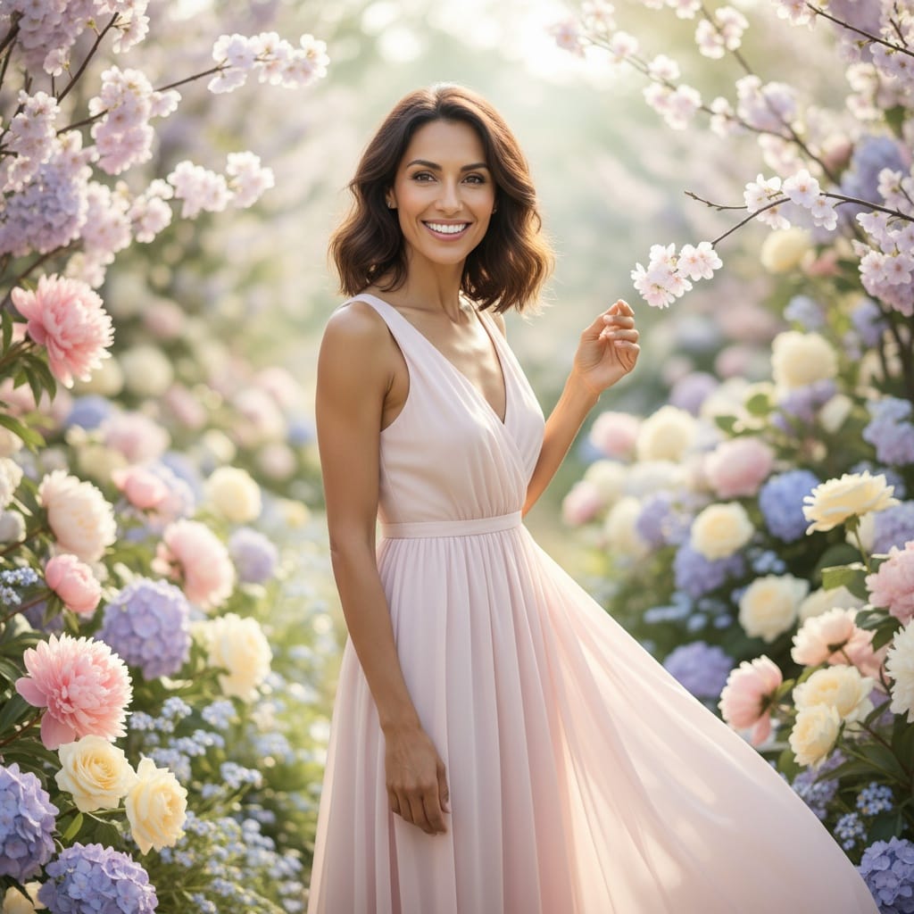 slim latino woman pastel spring garden portrait 88392617