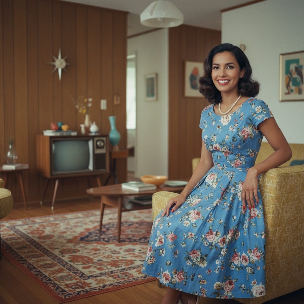 slim latino woman retro living room portrait 45600176