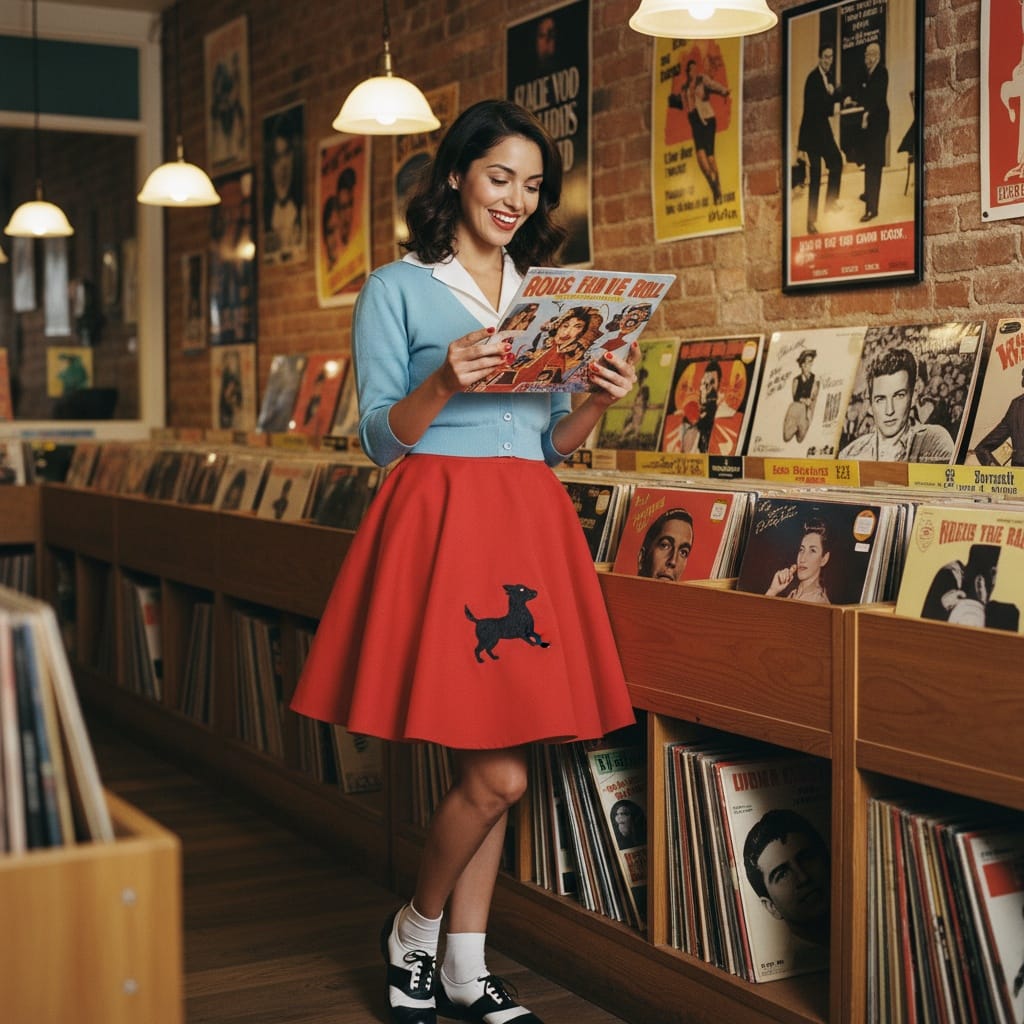 slim latino woman retro record store 67902998