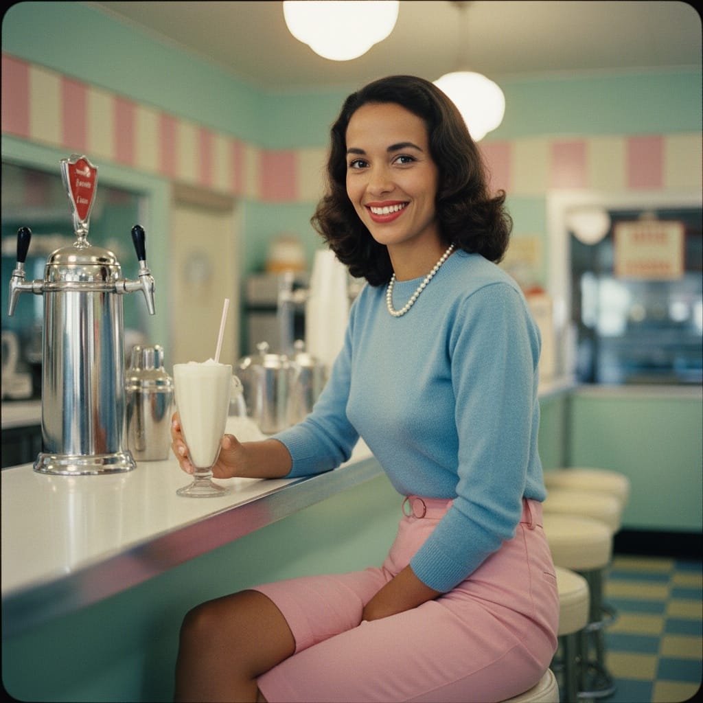 slim latino woman soda fountain counter 78043600
