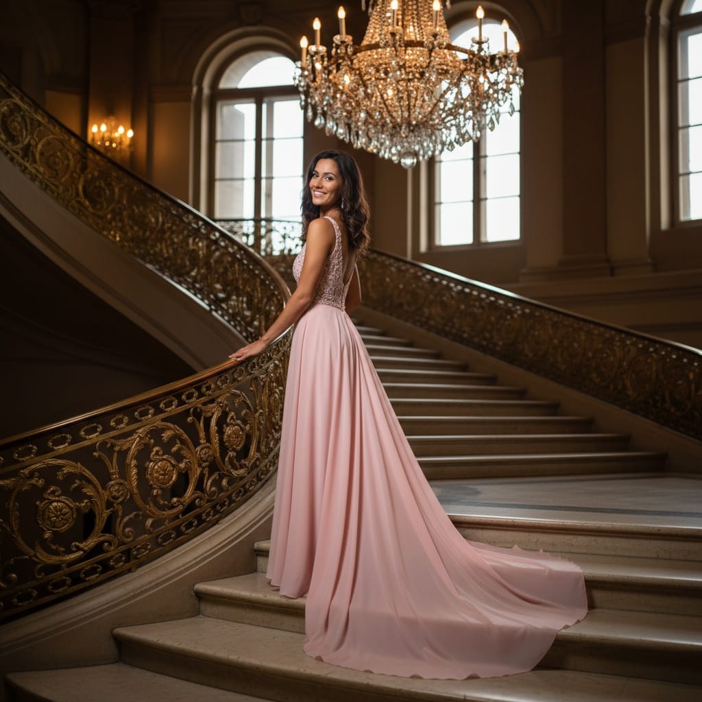 slim latino woman staircase dramatic pose 99493367