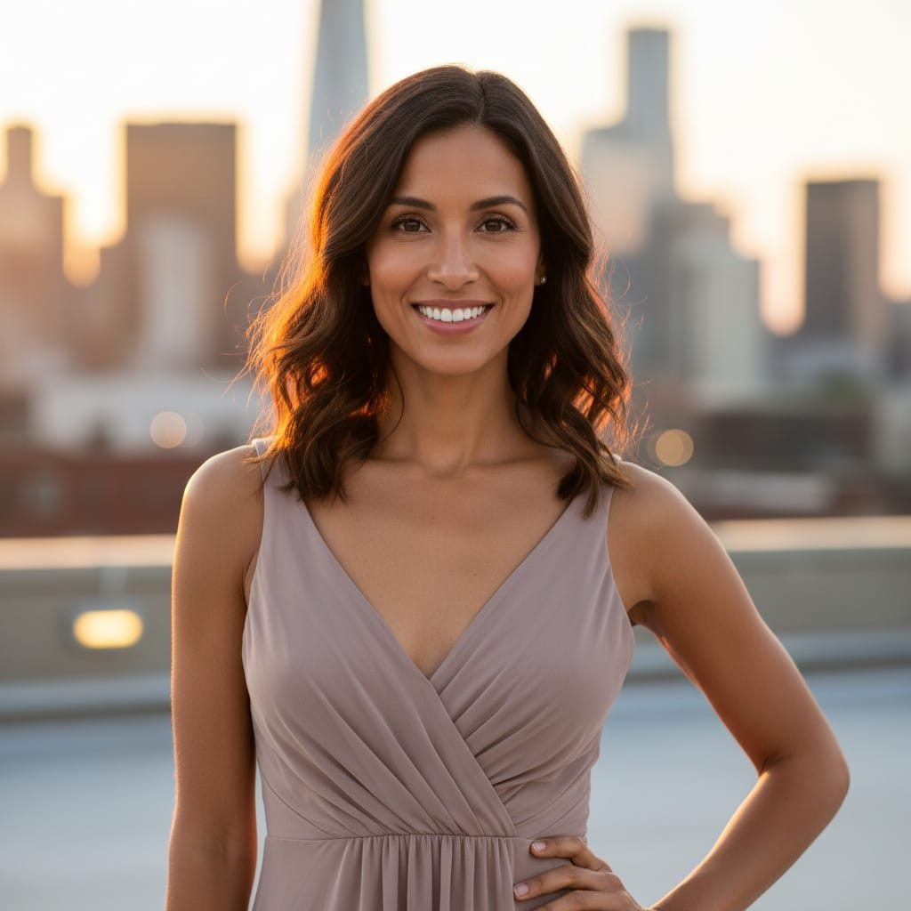 slim latino woman urban rooftop sunset 93492081