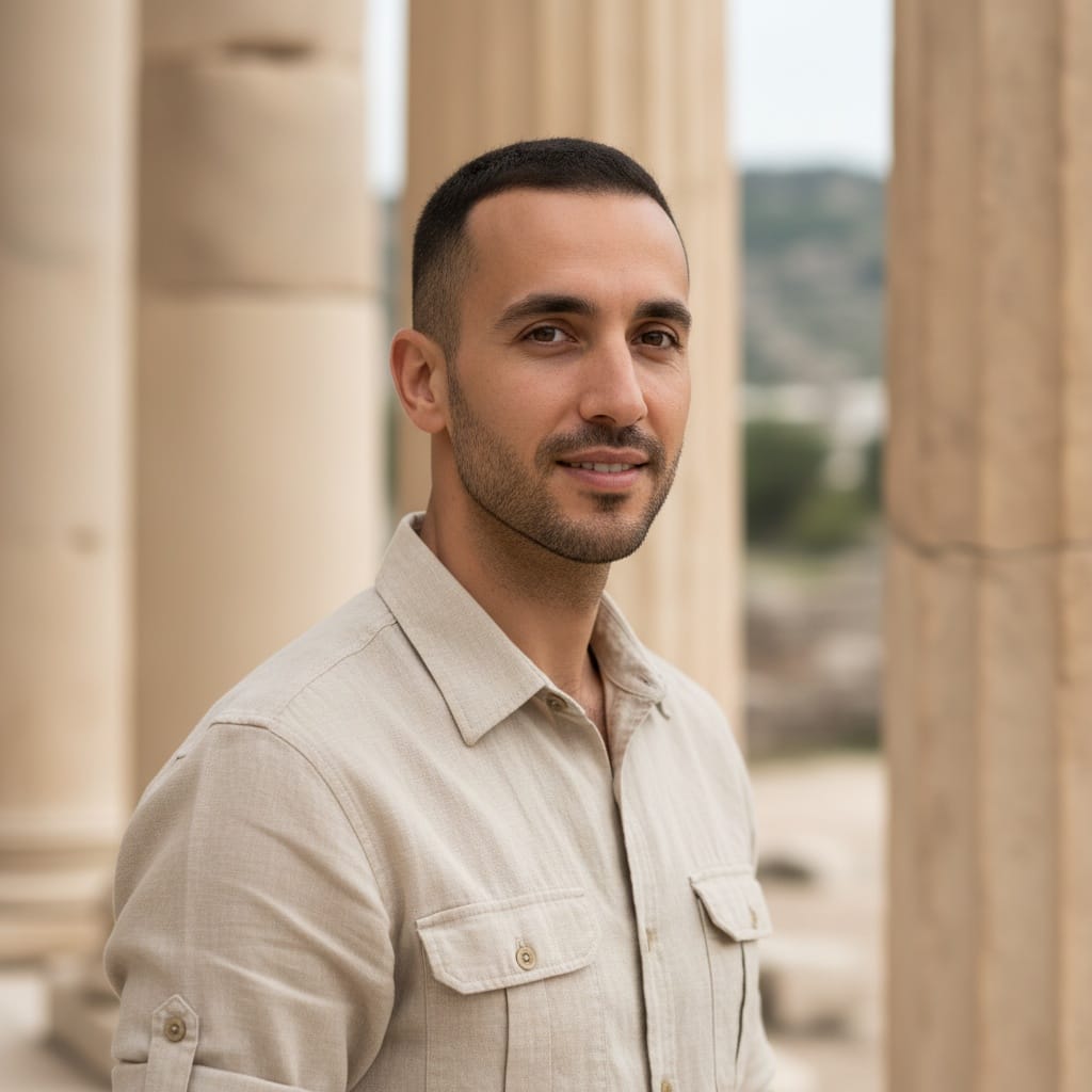 slim middle_eastern man ancient ruins close up 62389468