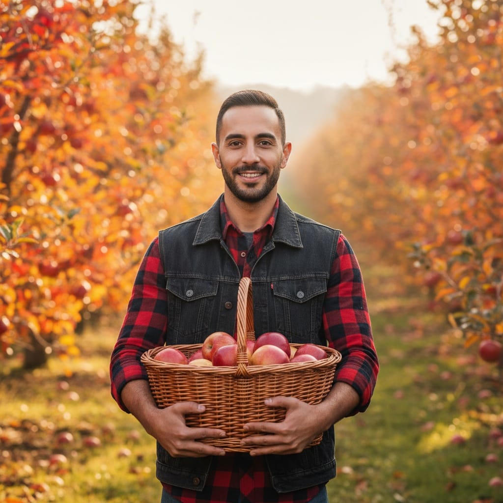 slim middle_eastern man apple orchard harvest 33440009