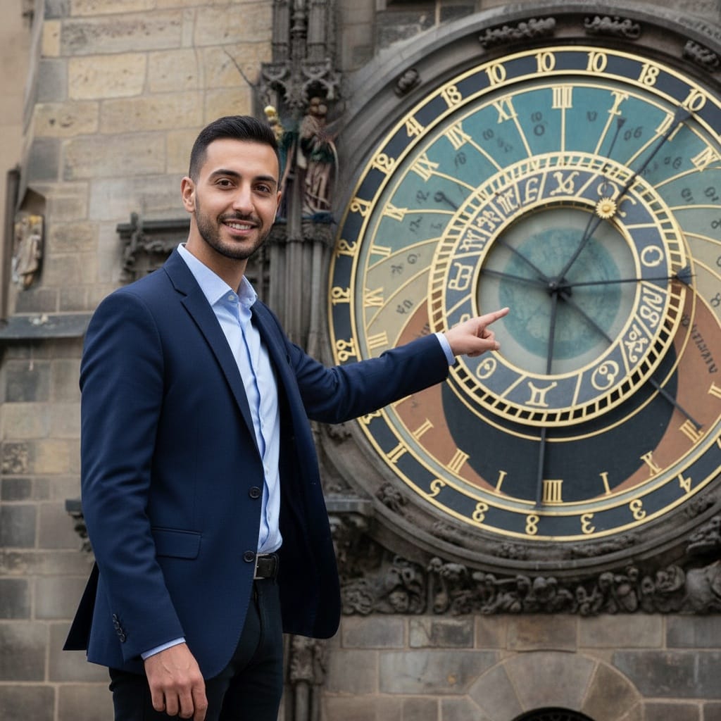slim middle_eastern man astronomical clock close 51095068