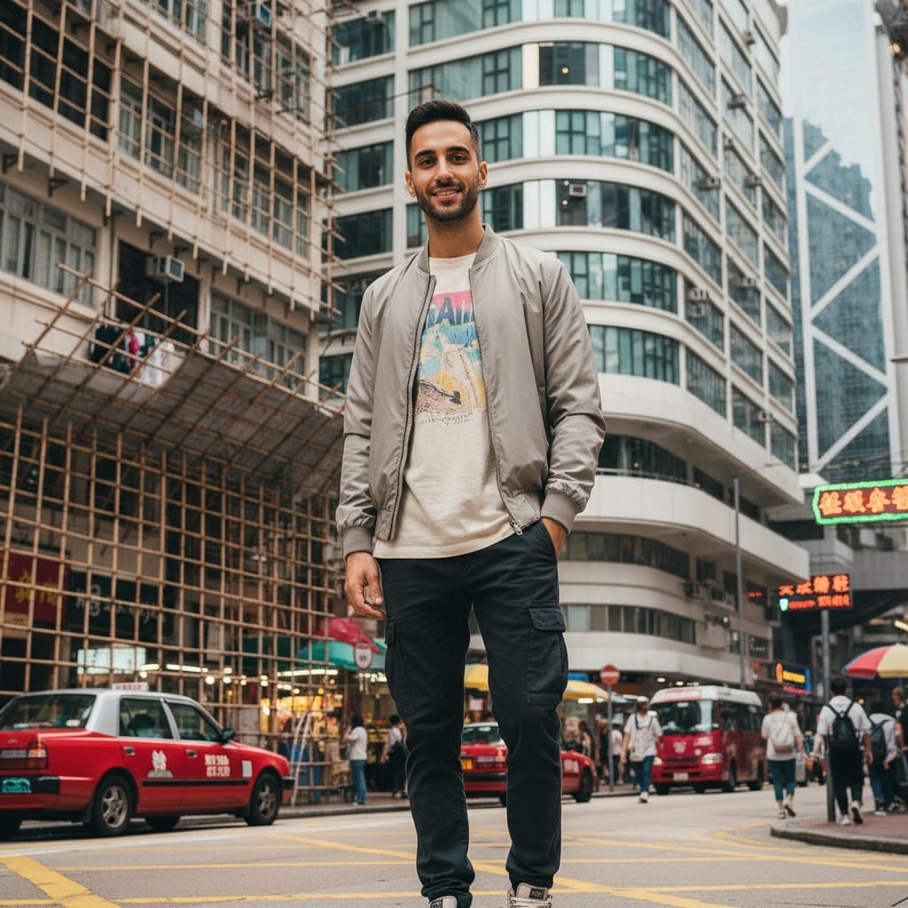 slim middle_eastern man bamboo scaffolding urban 79568579