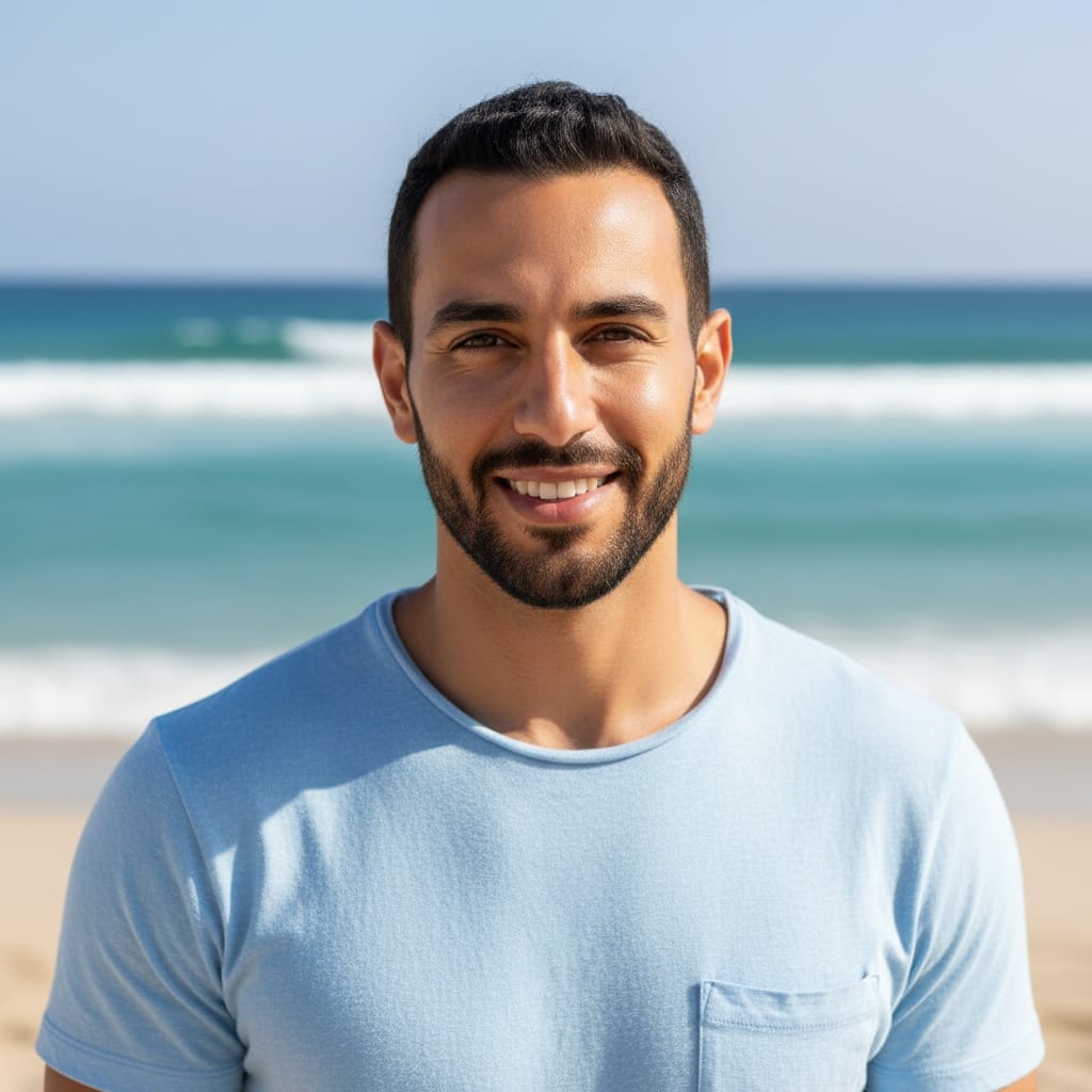 slim middle_eastern man beach casual relaxed 76021626