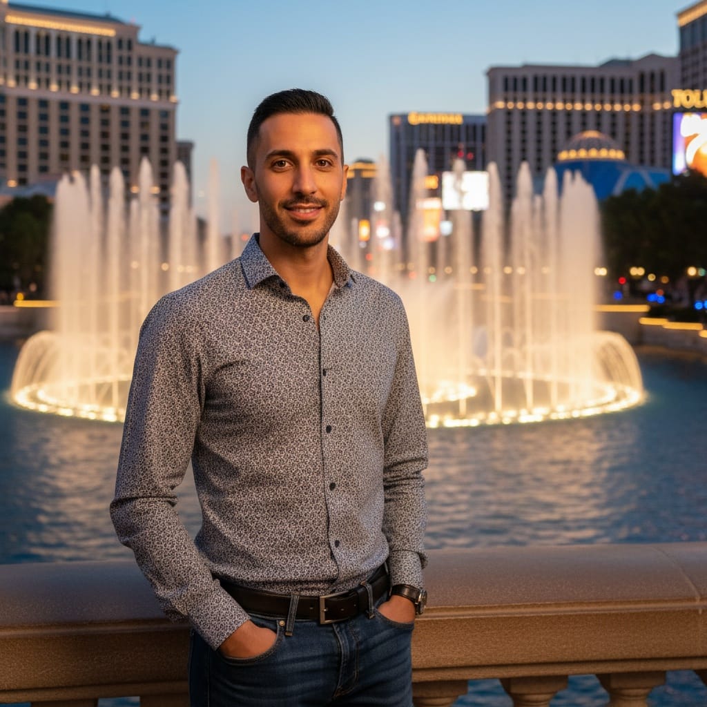 slim middle_eastern man bellagio fountains evening 82666548