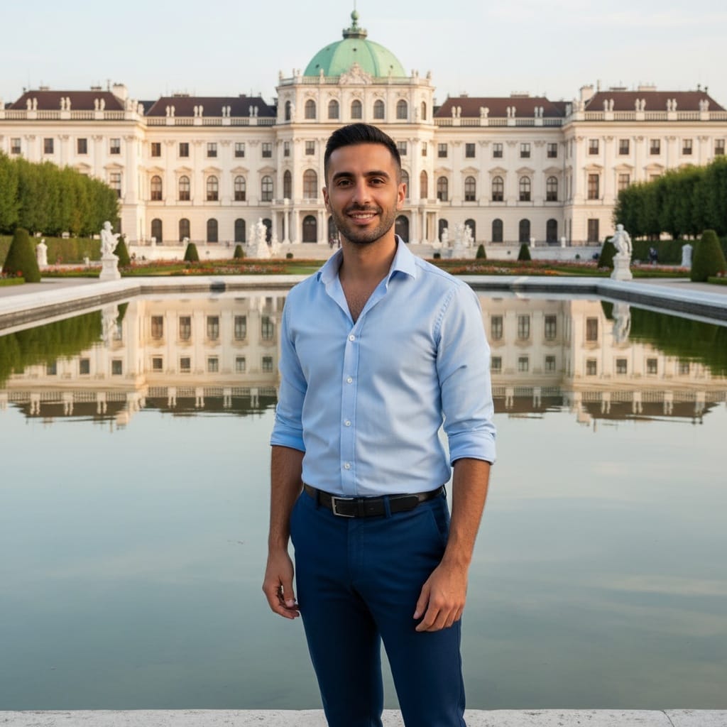 slim middle_eastern man belvedere palace reflection 78139583