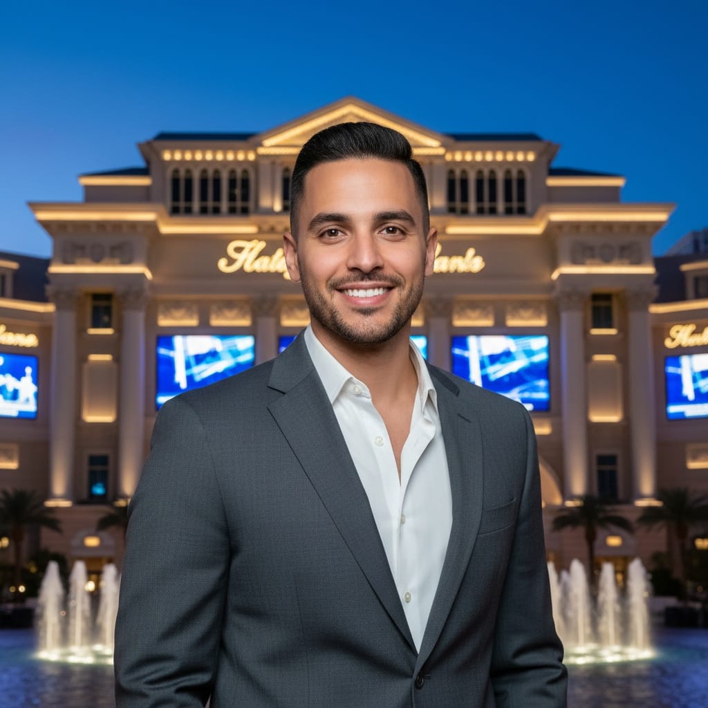 slim middle_eastern man casino entrance full body 92790719