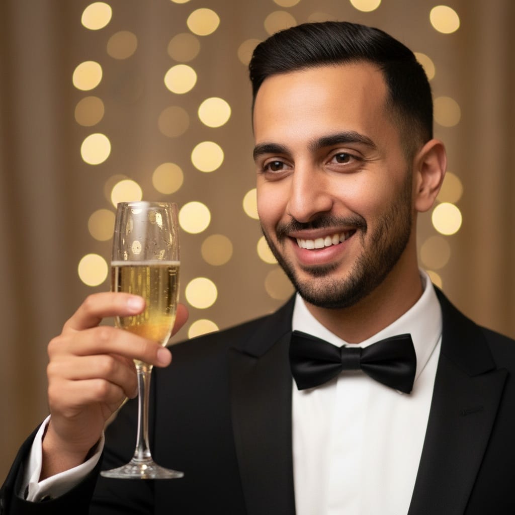 slim middle_eastern man champagne toast moment 75916712