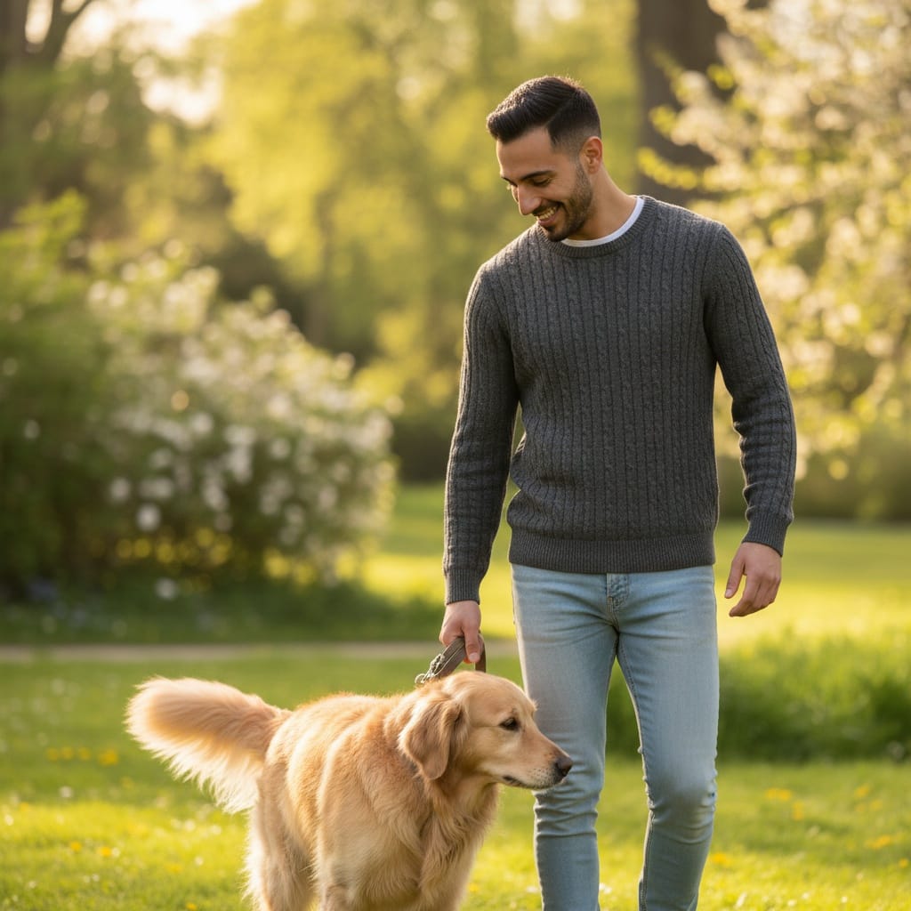 slim middle_eastern man dog walk park 98134550