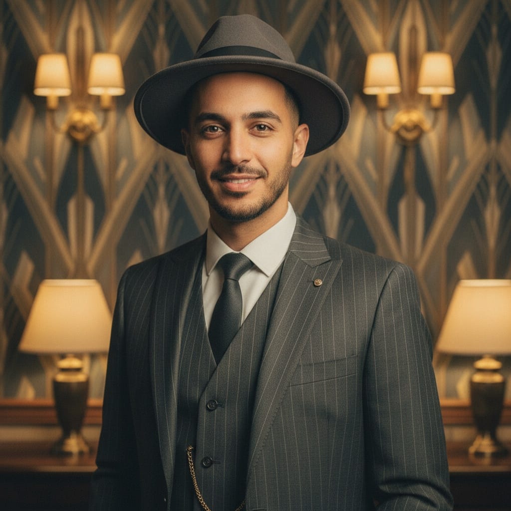 slim middle_eastern man elegant speakeasy portrait 92007524