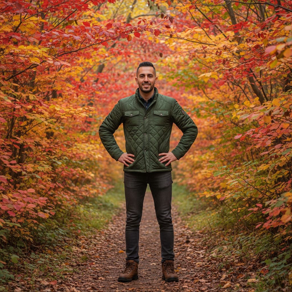 slim middle_eastern man forest trail fall colors 34002070