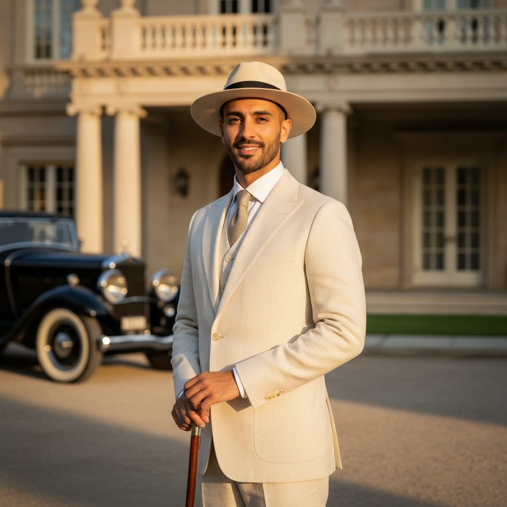 slim middle_eastern man gatsby mansion exterior 53349952