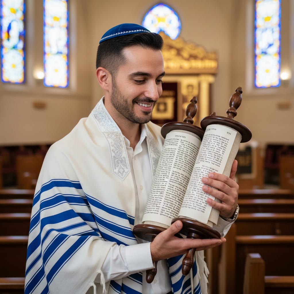 slim middle_eastern man holding torah scrolls 70912003