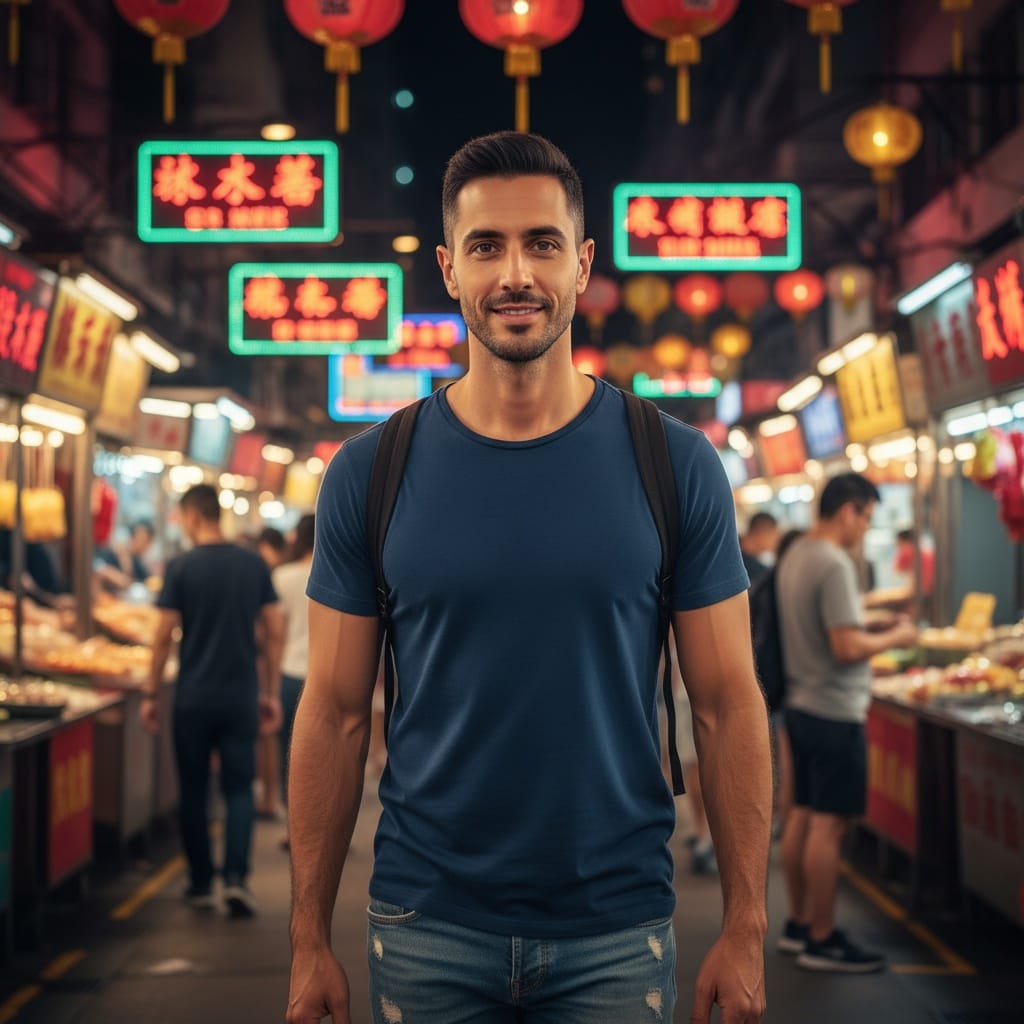 slim middle_eastern man kowloon night markets neon 73531779
