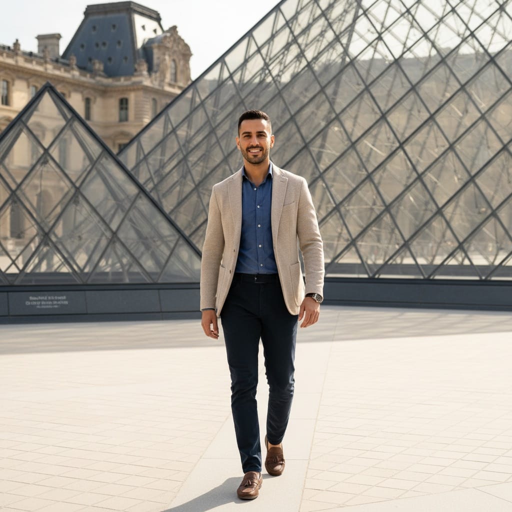 slim middle_eastern man louvre pyramid courtyard 36934276
