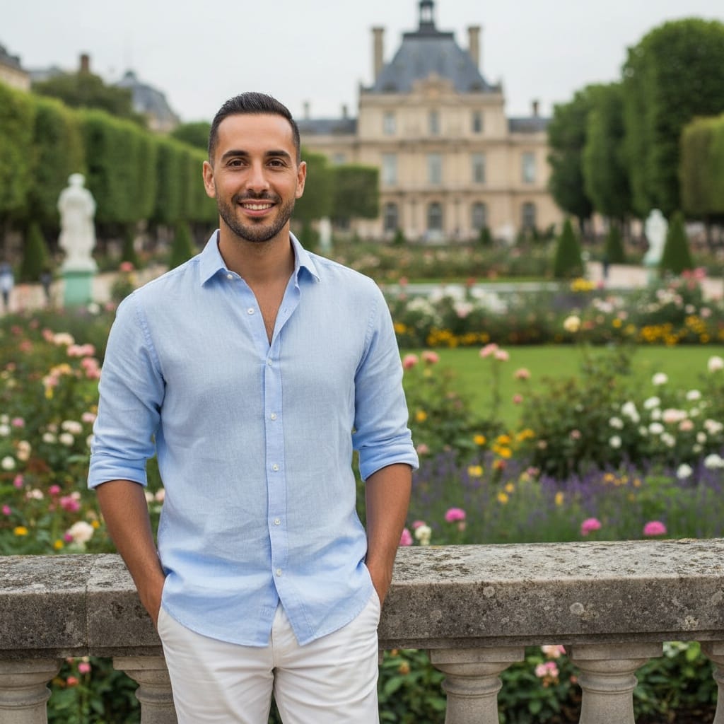 slim middle_eastern man luxemburg gardens greenery 90925952