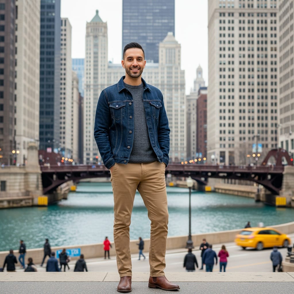 slim middle_eastern man michigan avenue bridge view 78022196