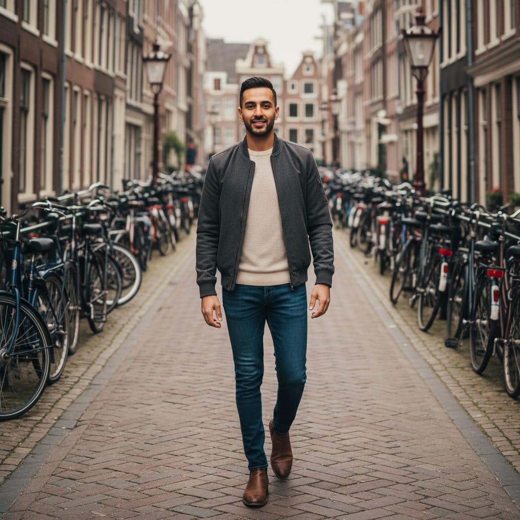 slim middle_eastern man narrow street bicycles 66605028