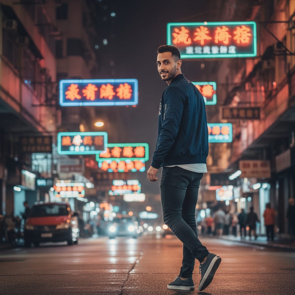 slim middle_eastern man neon street night portrait 92785795