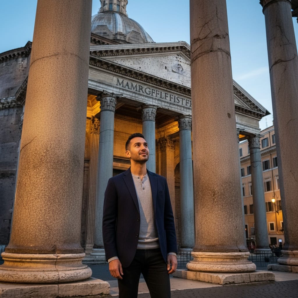 slim middle_eastern man pantheon entrance shot 85003158