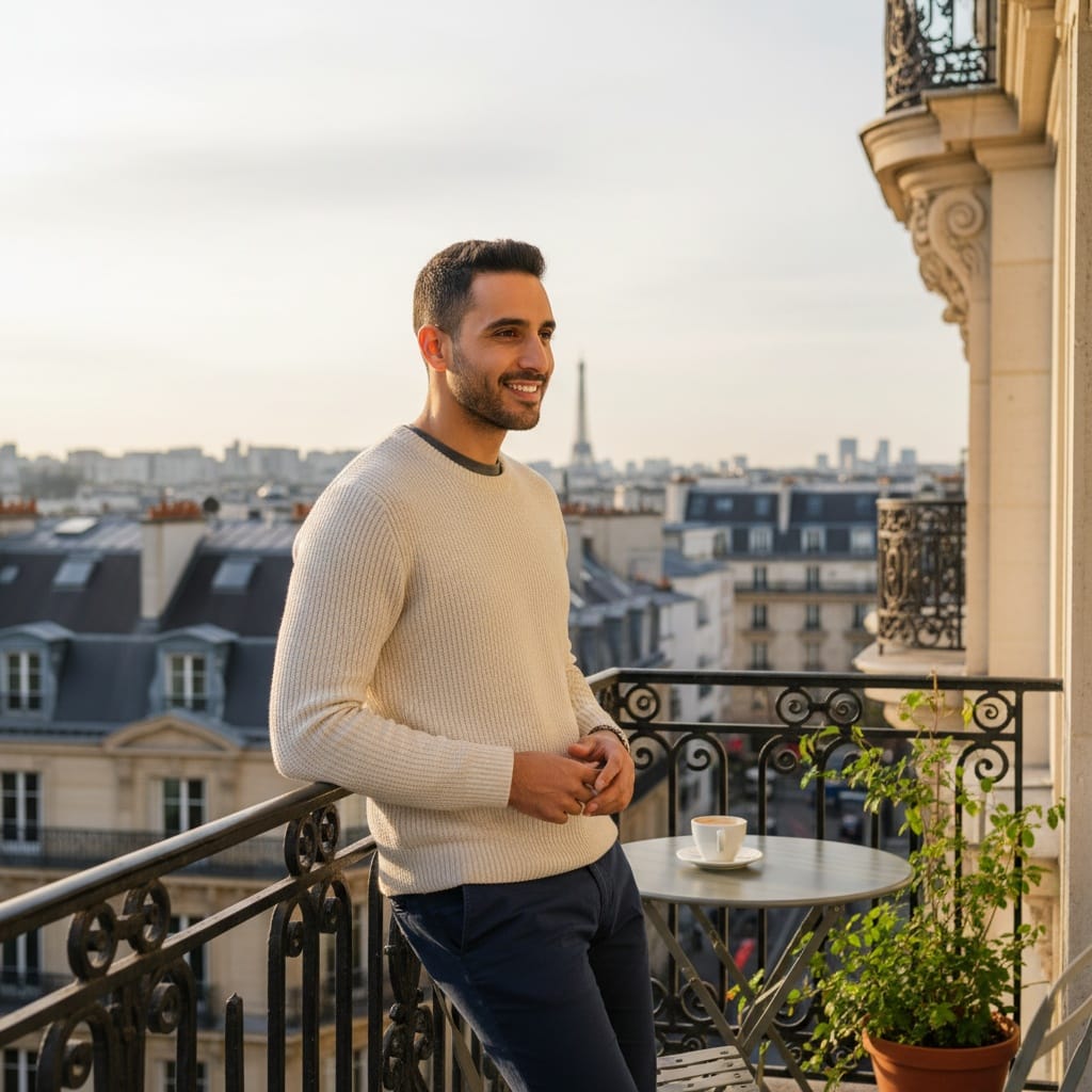 slim middle_eastern man parisian balcony view 16162286