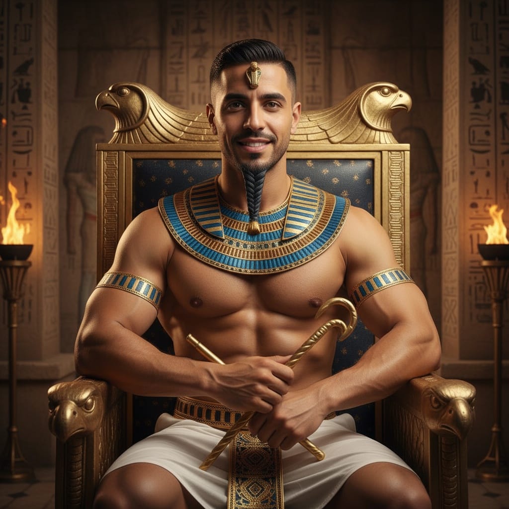 slim middle_eastern man pharaoh throne room 31610570