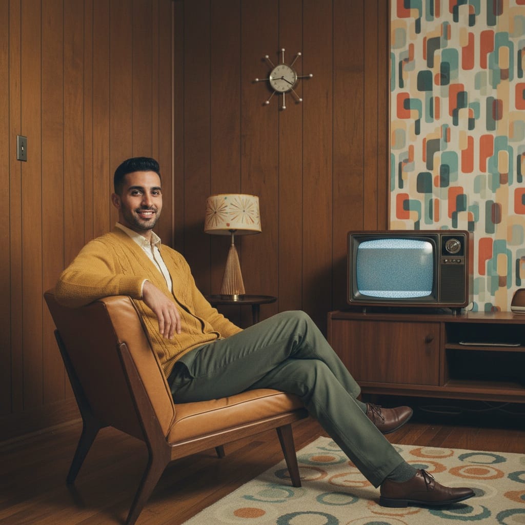 slim middle_eastern man retro living room portrait 75359918