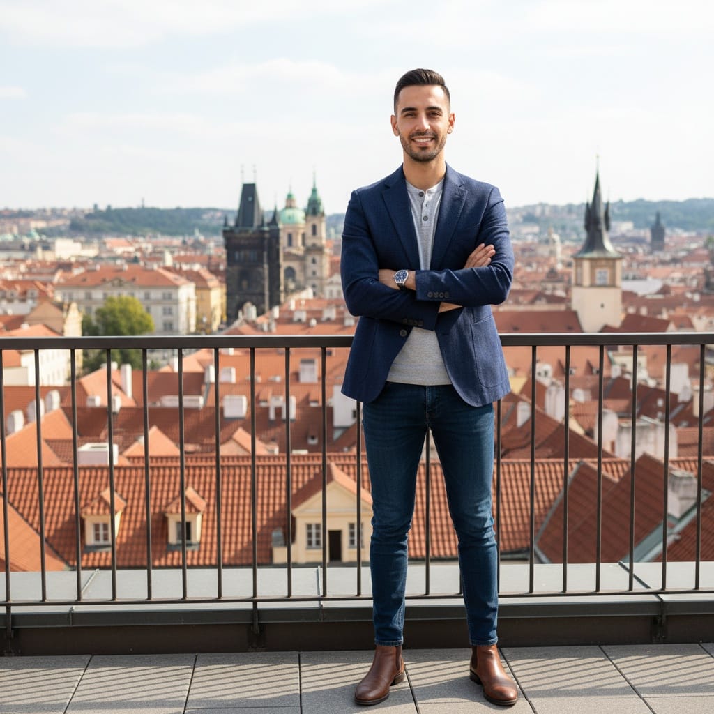 slim middle_eastern man rooftop panorama view 42520297