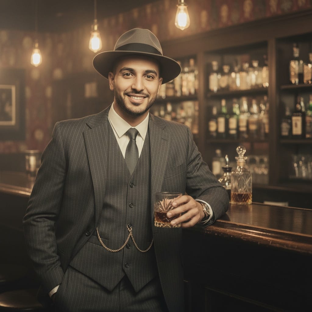 slim middle_eastern man speakeasy bar full body 78935772