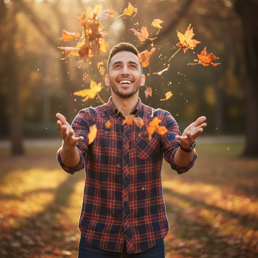 slim middle_eastern man throwing autumn leaves 81360385