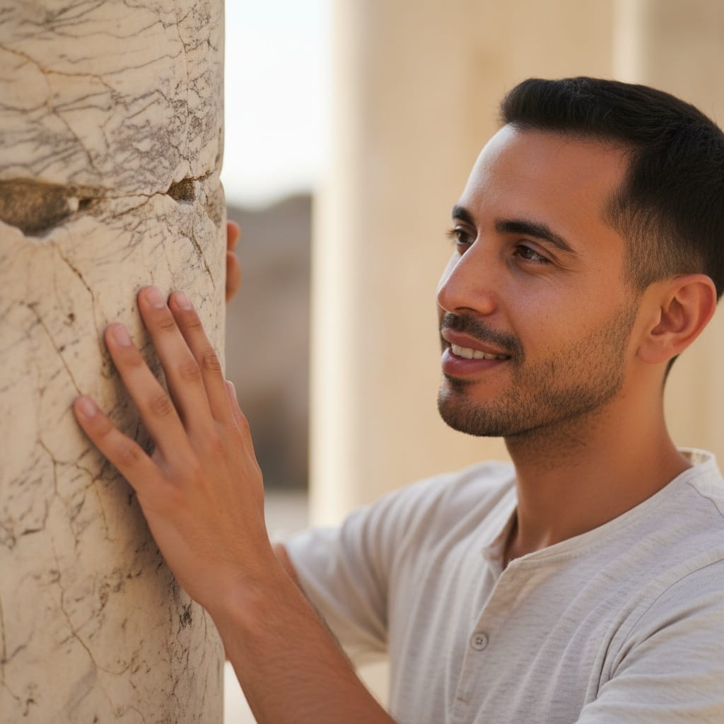 slim middle_eastern man touching ancient marble 98347867