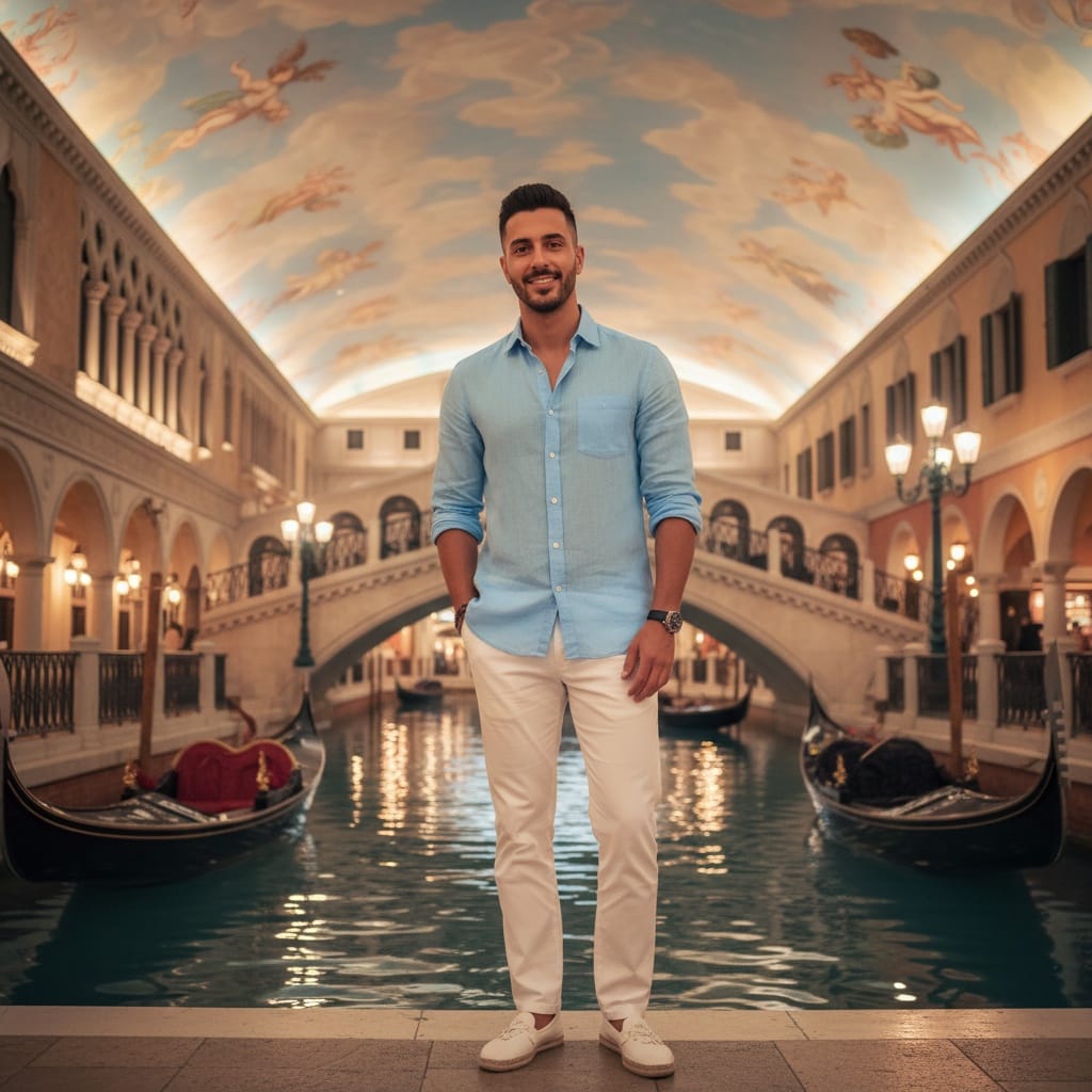 slim middle_eastern man venetian gondola scene 86528347