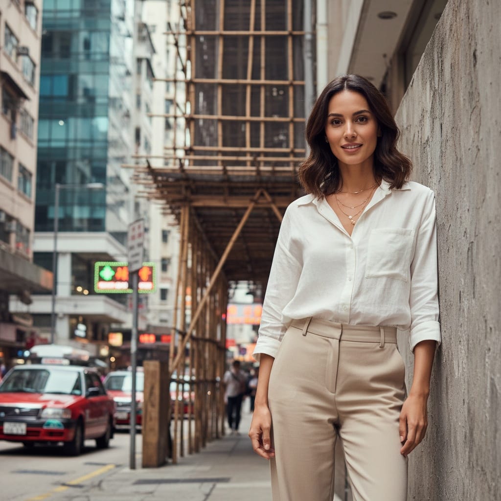slim middle_eastern woman bamboo scaffolding urban 43719818