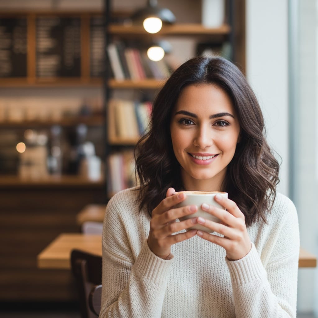 slim middle_eastern woman coffee shop casual 81902707