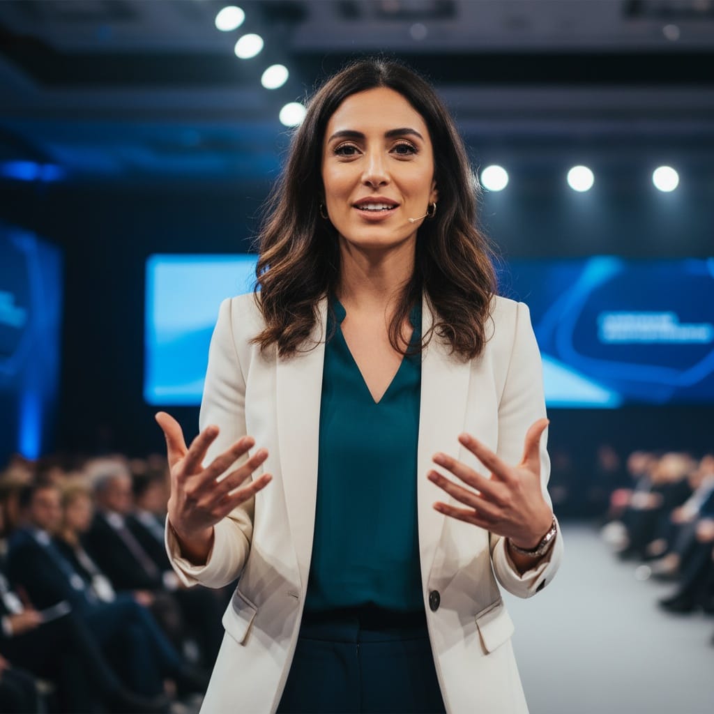 slim middle_eastern woman dynamic gesture speaking 30085304