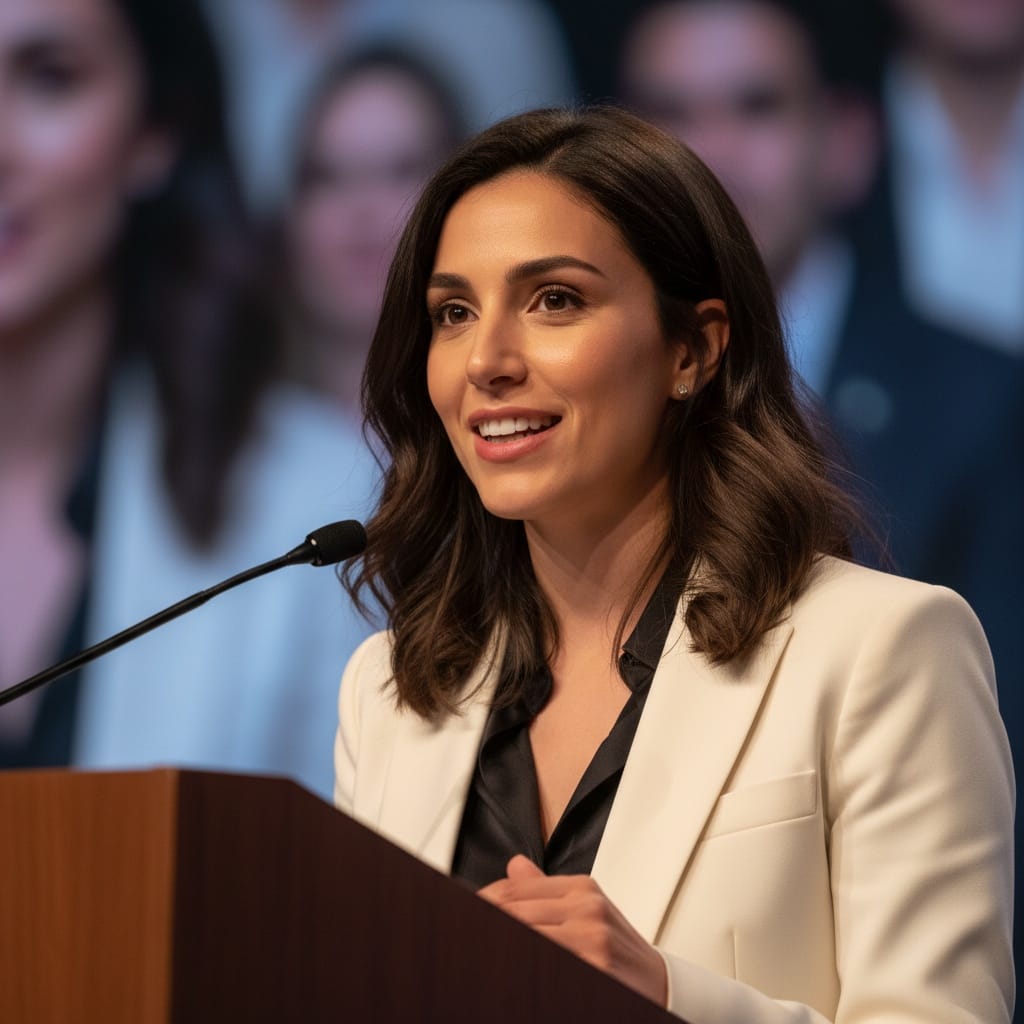 slim middle_eastern woman keynote speaker closeup 11108465