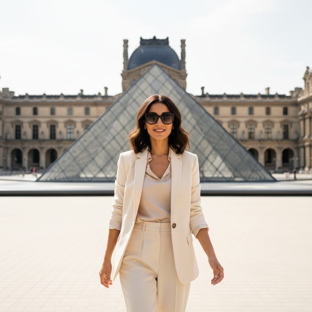 slim middle_eastern woman louvre pyramid courtyard 21237769