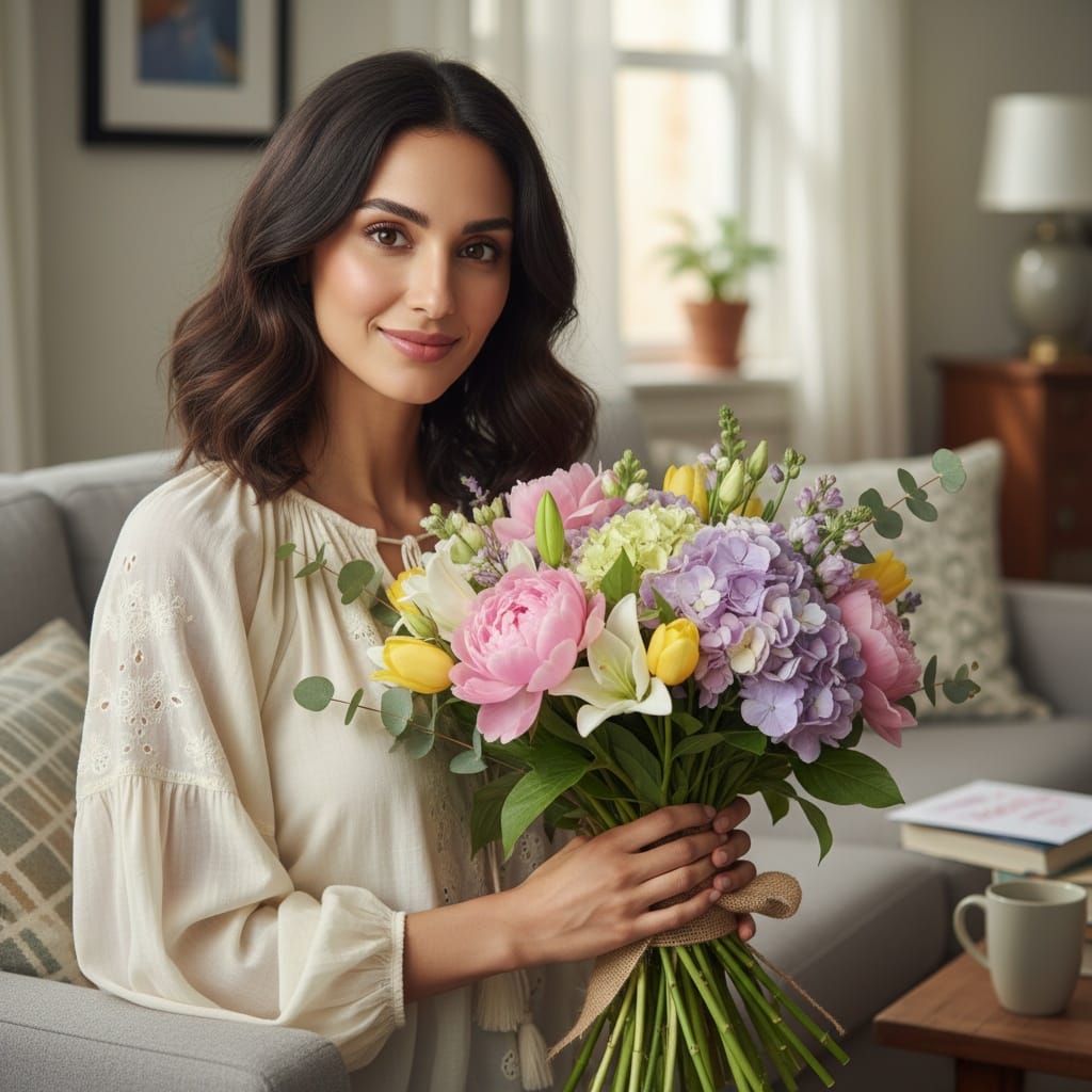 slim middle_eastern woman mom with flower bouquet 98176351