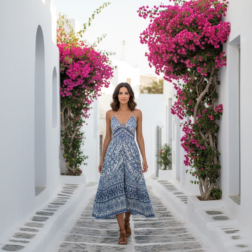 slim middle_eastern woman oia narrow streets 63953435
