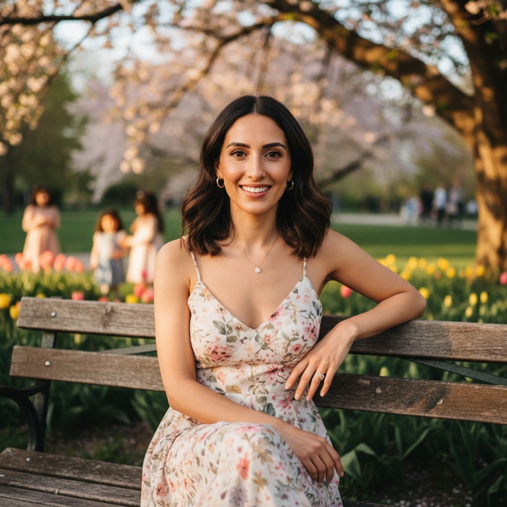slim middle_eastern woman outdoor park bench 38169751