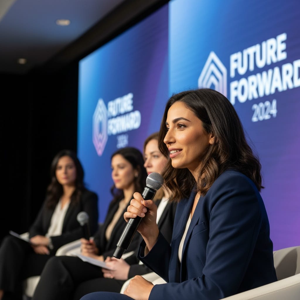 slim middle_eastern woman panel discussion seated 19803678